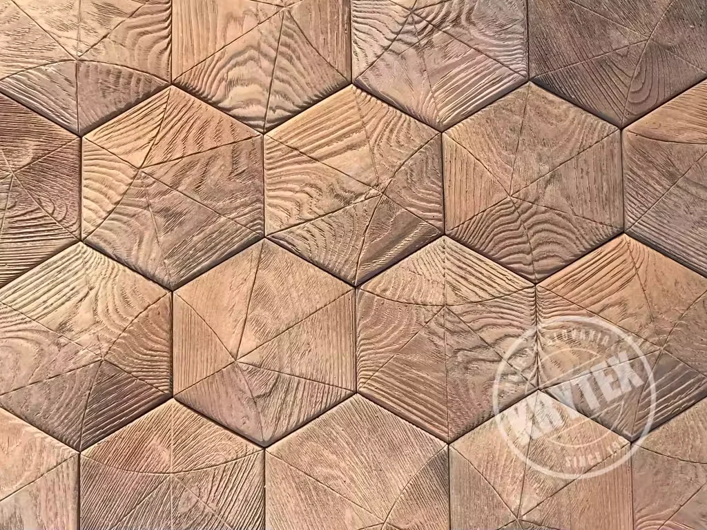 Špeciálne vyrobený dizajnový obklad v tvare pravidelného 6-uholníka v dizajne dreva. Hexan F01 Mix