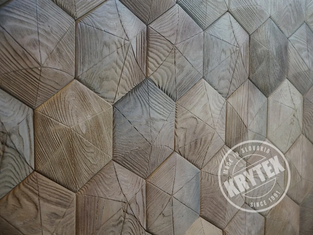 Špeciálne vyrobený dizajnový obklad v tvare pravidelného 6-uholníka v dizajne dreva. Hexan F04 Mix